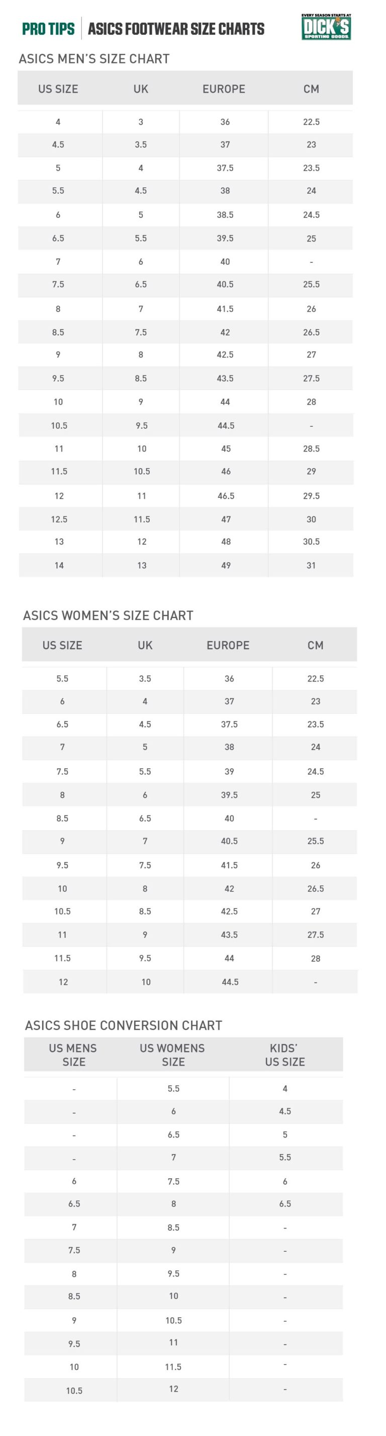 asics shoe size cm