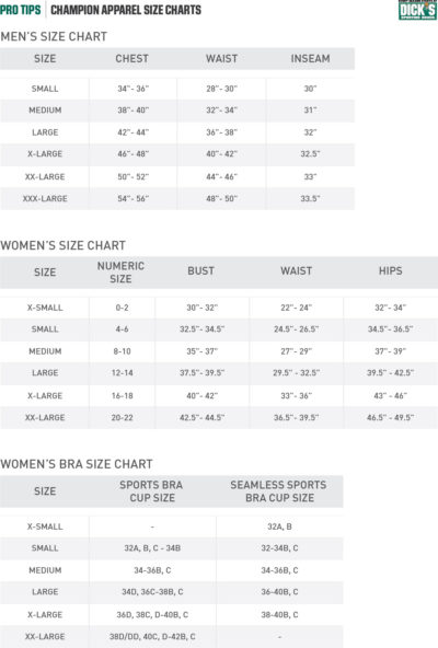 Champion® Apparel Size Chart Pro Tips By Dicks Sporting Goods 