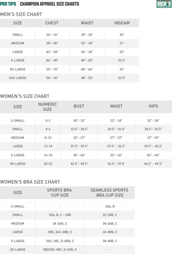 Champion® Apparel Size Chart | PRO TIPS by DICK'S Sporting Goods