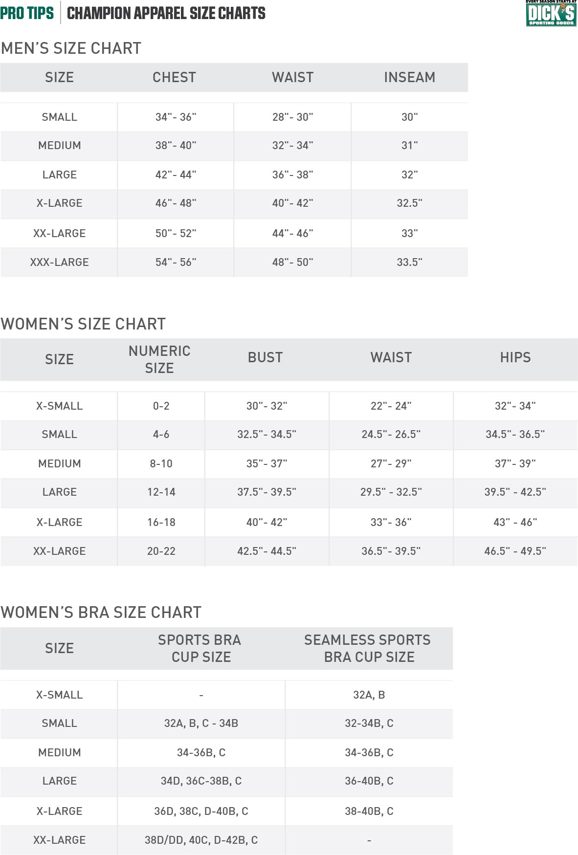 Dick sporting goods size chart