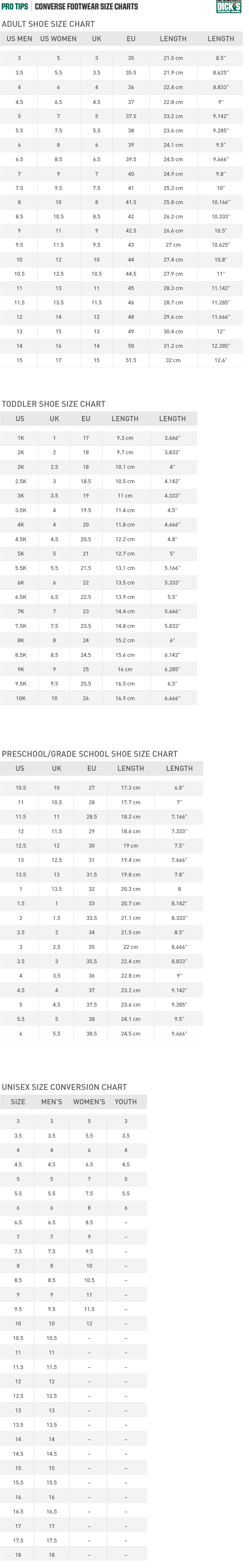 Converse® Footwear Size Charts | PRO TIPS by Sporting Goods