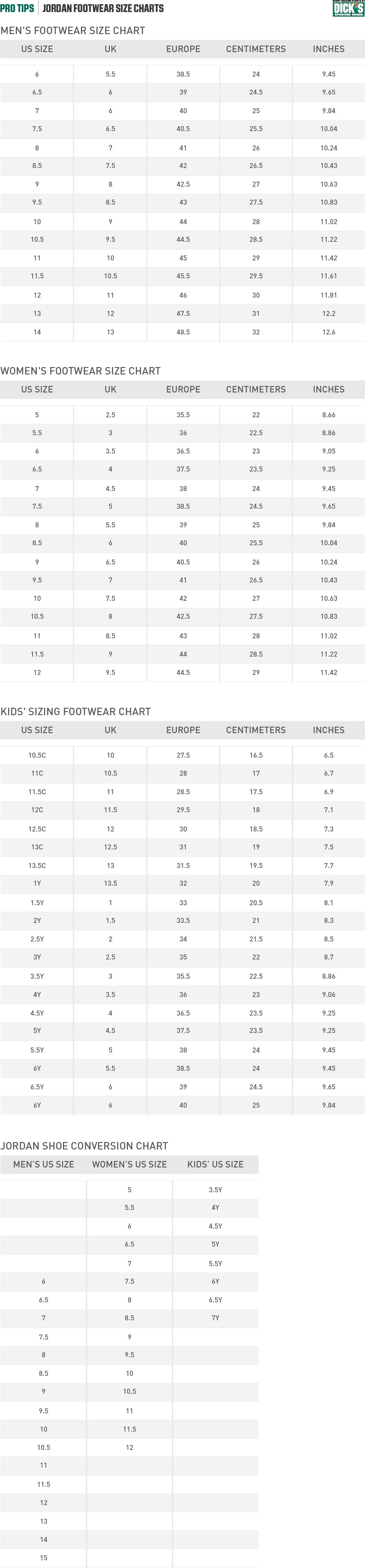 Nike® Jordan Footwear Size Charts | PRO 