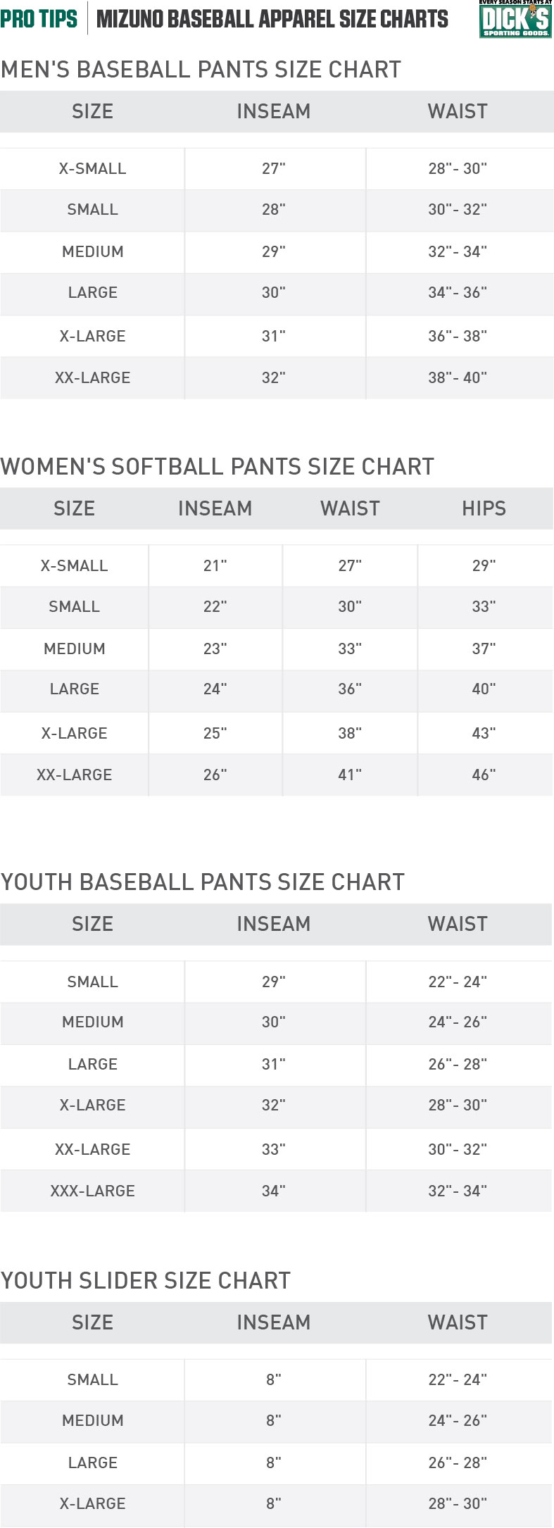 mizuno youth softball pants size chart