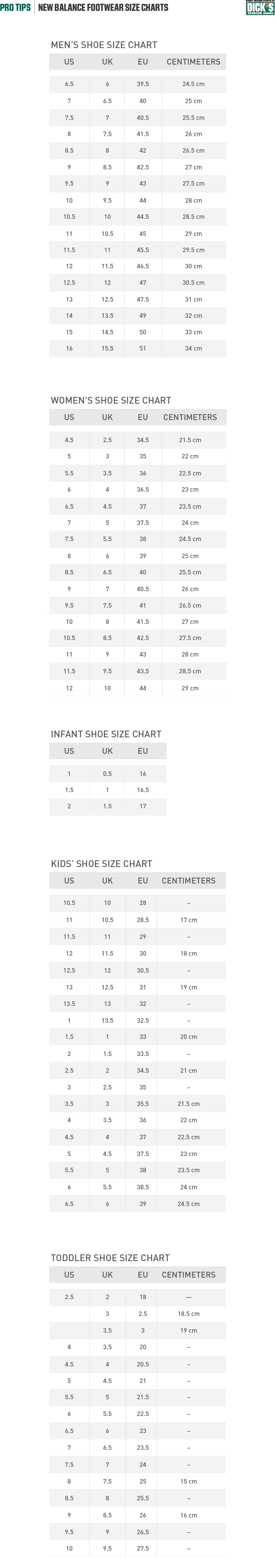 New Balance Women's Shoe Size Chart