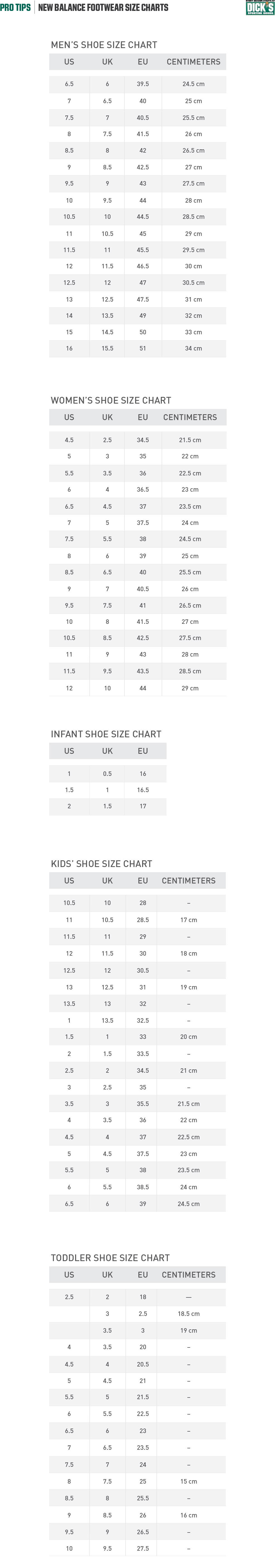 New Balance Size Chart