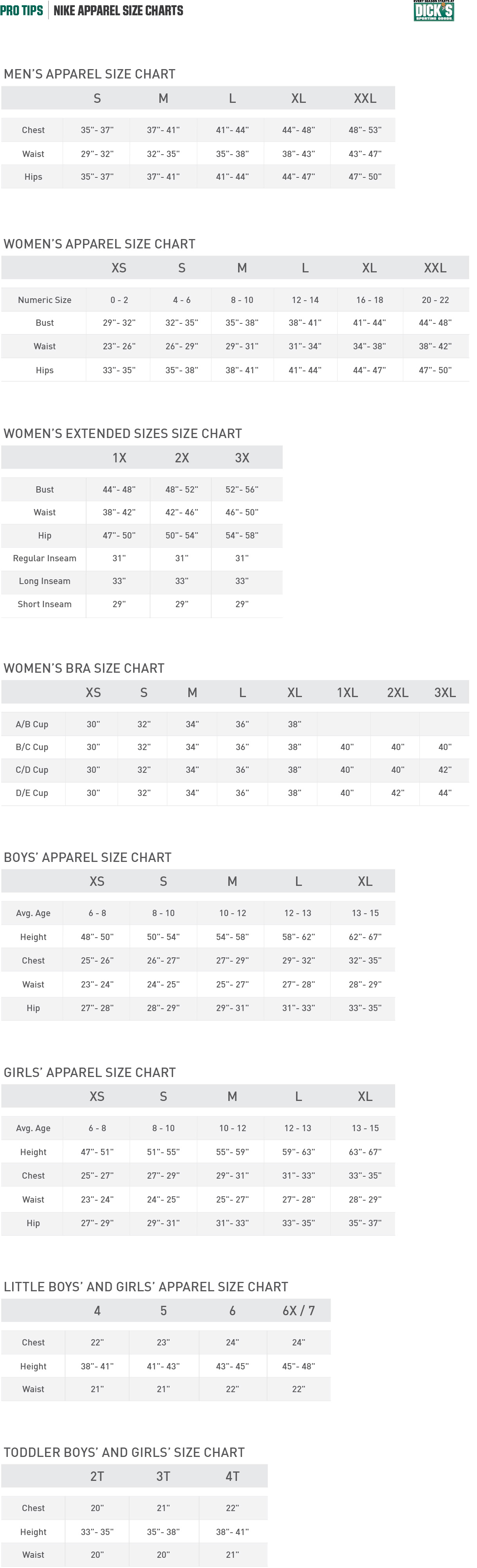 Nike® Apparel Size Charts | PRO TIPS by 