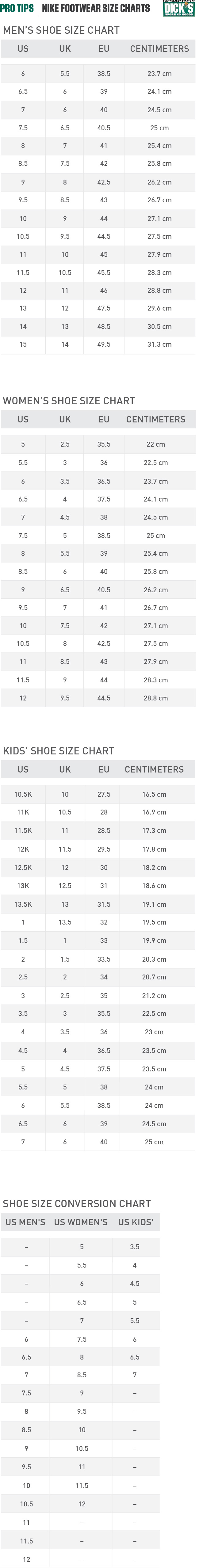 Frem Duplikere overdrivelse Nike® Footwear Size Charts | PRO TIPS by DICK'S Sporting Goods