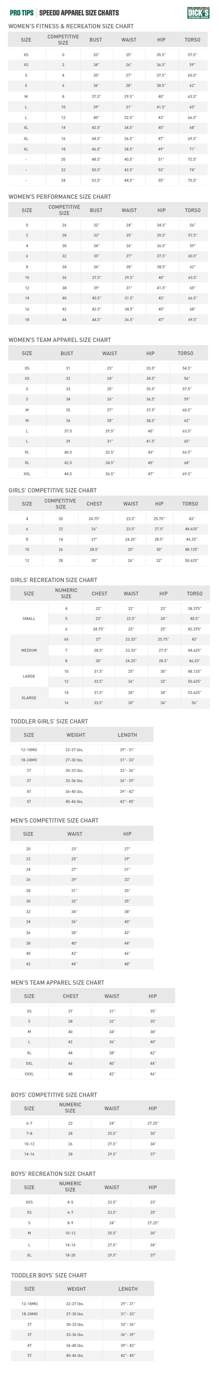 Speedo® Apparel Size Charts | PRO TIPS by DICK'S Sporting Goods
