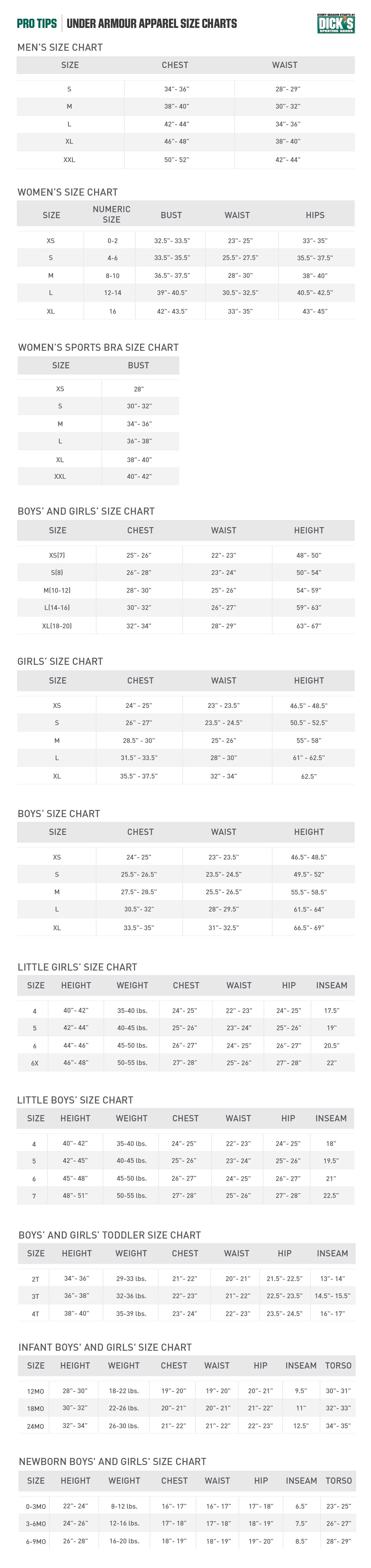 Under Armour® Apparel Size Charts | PRO 
