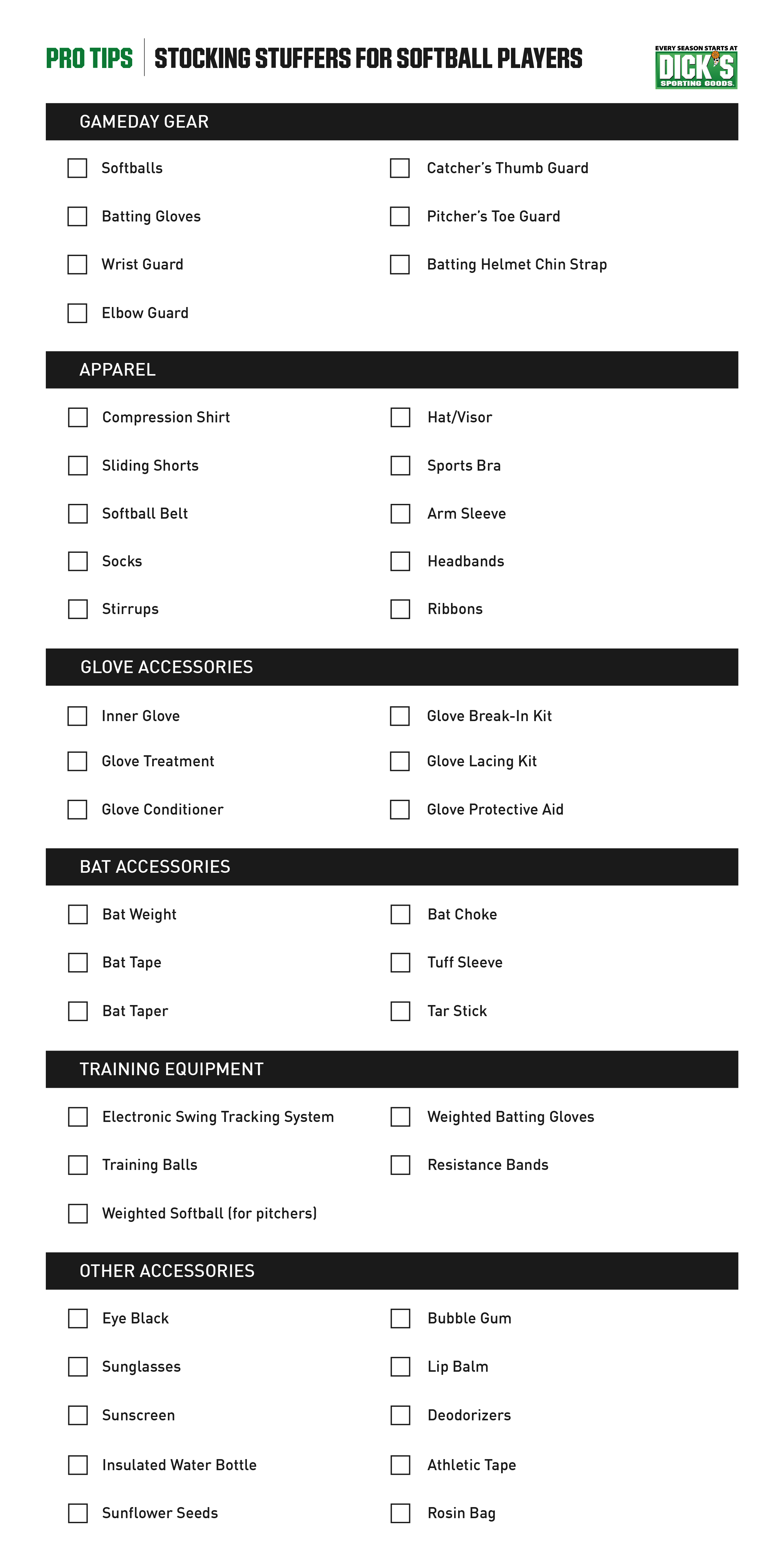 Stocking Stuffers for Softball Players Checklist