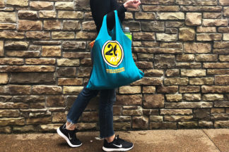 girl with DIY tote bag
