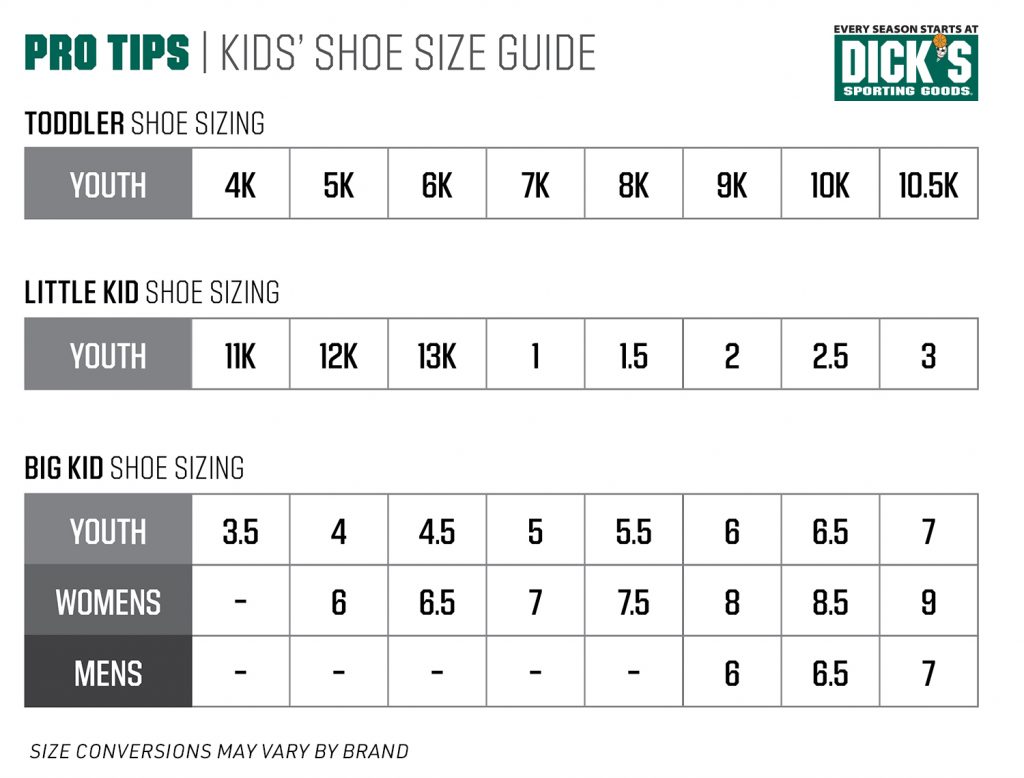 Size Chart for Kids' Shoe sizes