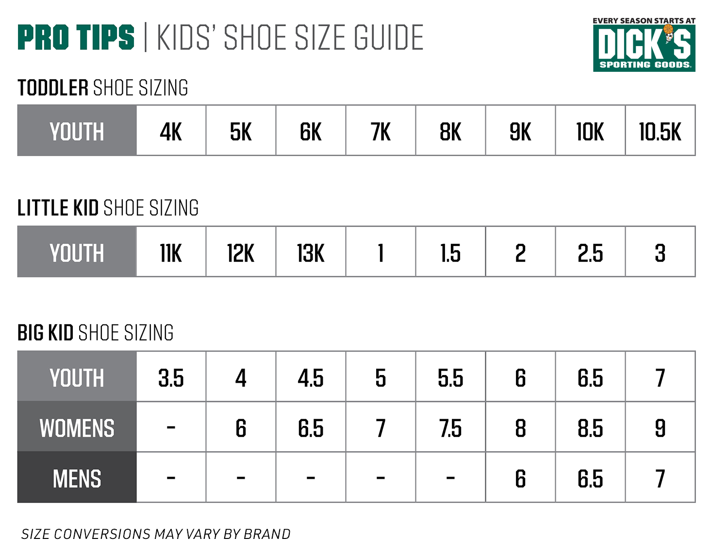 Junior Shoe Size Conversion Chart